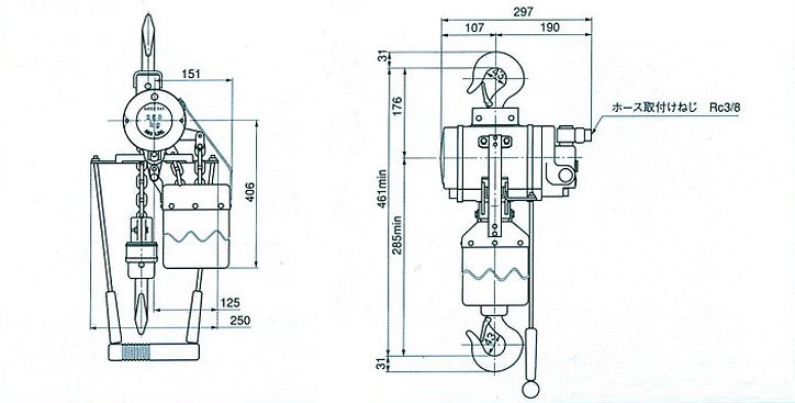 RHL-250拉桿式氣動葫蘆尺寸圖片 RHL-250拉桿式氣動葫蘆尺寸圖片