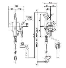 EHW-R型氣動葫蘆尺寸圖 EHW-R型氣動葫蘆尺寸圖