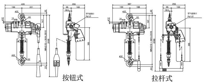 EHL-TW型氣動葫蘆尺寸圖 EHL-TW型氣動葫蘆尺寸圖